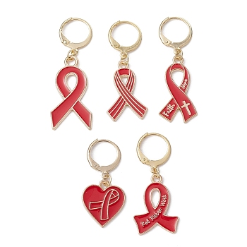 AIDS Awareness Ribbon Alloy Enamel Pendant Locking Stitch Markers, Crochet Leverback Hoop Charms, Red, 3.2~4.4cm