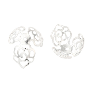 Rack Plating Brass Flower Bead Caps, 3-Petal, Long-Lasting Plated, Silver, 16.4x11.8mm, Hole: 1.2mm