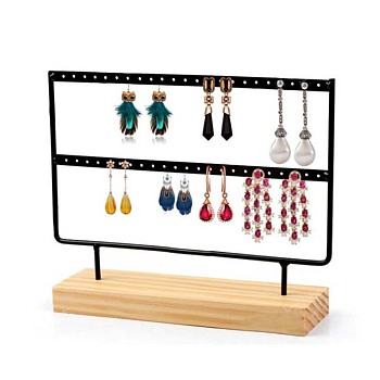Double Levels Rectangle Iron Earring Display Stand, Jewelry Display Rack, with Wood Findings Foundation, Black, 29.3x6.9x21.5cm
