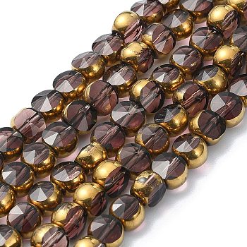 Half Plated Electroplate Transparent Glass Beads Strands, Antique Bronze Plated, Flat Round, Faceted, Rosy Brown, 6x5mm, Hole: 1.2mm, about 50pcs/strand, 11.22''(28.5cm)