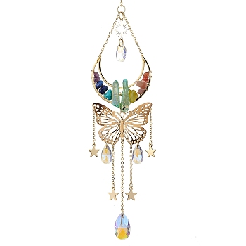 Butterfly & Moon Brass & 304 Stainless Steel Hanging Suncatchers, with Glass Pendants and Mixed Gemstone Chip Beads, Golden, 300mm, Hole: 8mm