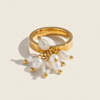 304 Stainless Steel with Natural Freshwater Pearl Finger Rings for Women, PVD Vacuum Plating, Real 18K Gold Plated, 17mm