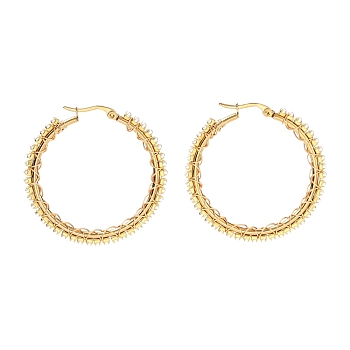 304 Stainless Steel Hoop Earrings, with Acrylic Imitation Pearl Beads and Brass Cup Chains, Ring, Golden, 42.5~43.5x3mm, Pin: 0.6x1mm