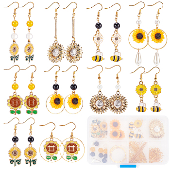 DIY Sunflower and Bee Earring Making Kit, Including Resin & Alloy Enamel Pendants & Links Connectors, Brass Earring Hooks, Natural Obsidian & Glass Pearl Beads, Golden, 112Pcs/box