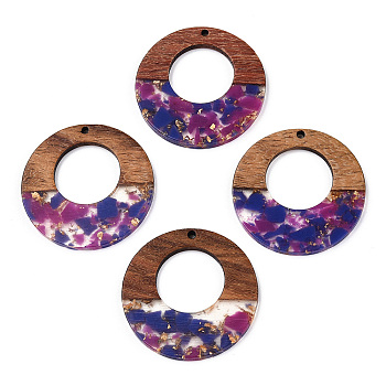 Transparent Resin & Walnut Wood Pendants, with Gold Foil, Donut Charms, Dark Orchid, 38x3mm, Hole: 2mm