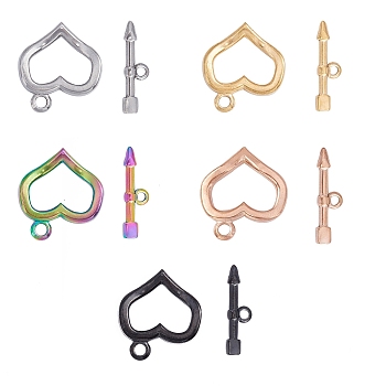 Vacuum Plating 304 Stainless Steel Toggle Clasps, Heart & Arrow, Mixed Color, Ring: 20x18x3mm, Hole: 2mm, Bar: 23.5x6.5x2.5mm, Hole: 1.8mm, 5 colors, 1set/color, 5sets/box
