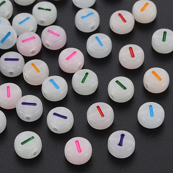 Acrylic Beads, Glow in the Dark, with Enamel and Luminous, Horizontal Hole, Flat Round with Alphabet, Letter.I, 6.5x7x4mm, Hole: 1.6mm, about 3600pcs/500g