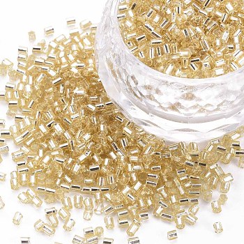 Glass Bugle Beads, Silver Lined, Pale Goldenrod, 1.8~2.2x1.8~2mm, Hole: 0.8~0.9mm, about 15000pcs/pound