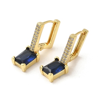 Rectangle Real 18K Gold Plated Brass Dangle Hoop Earrings, with Cubic Zirconia and Glass, Dark Blue, 25x7mm