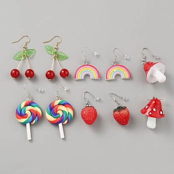 5 Pairs Iron Resin Dangle Earring Sets, Platinum & Golden, Strawberry & Lollipop & Mushroom & Cherry & Rainbow, Red, 42~60x16~27mm