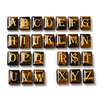 26Pcs Natural Tiger Eye Healing Rectangle with Letter A~Z Display Decorations, Reiki Energy Stone Ornament, 20x15x6.5mm