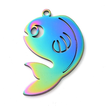 304 Stainless Steel Pendants, Fish Charms, Rainbow Color, 33x28x1.5mm, Hole: 2mm