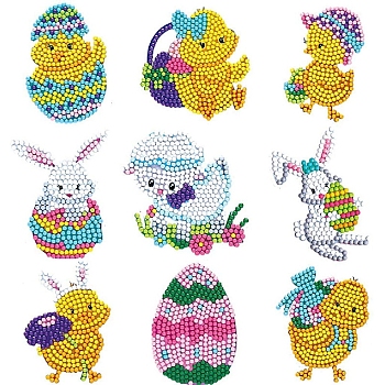Easter Chick & Rabbit DIY Diamond Painting Sticker Kit, Including Resin Rhinestones Bag, Diamond Sticky Pen, Tray Plate and Glue Clay, Mixed Color, Packaging Paper: 180x170mm, 9pcs/set