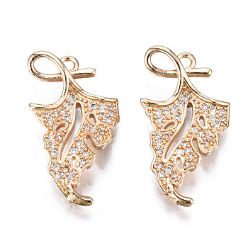 Brass Micro Pave Cubic Zirconia Pendants, Light Gold, Long-Lasting Plated, Cadmium Free & Lead Free, Leaf, Clear, 23.5x13x3mm, Hole: 1.5mm
