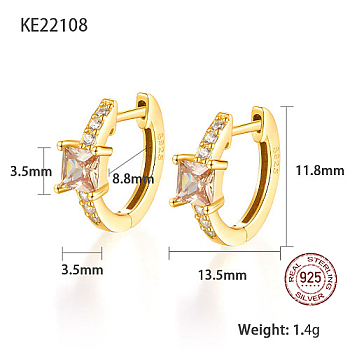 Real 18K Gold Plated 925 Sterling Silver Hoop Earrings, Square Cubic Zirconia Earrings, with S925 Stamp, PeachPuff, 11.8x13.5mm