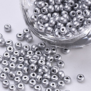 Baking Paint Glass Seed Beads, Round, Silver, 3x1.5~3mm, Hole: 1mm, about 10000pcs/bag, about 450g/bag(SEED-Q025-3mm-L28)