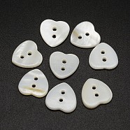 2-Hole Heart Shell Buttons, White, 12x12x2mm, Hole: 1.5mm(SHEL-P012-28)