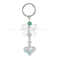 Acrylic Heart with Bowknot Keychains, with Glass Beads and Iron Keychain Clasp, Clear, 9.4cm(KEYC-JKC00612-02)