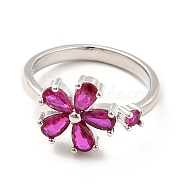 Cerise Cubic Zirconia Flower Open Cuff Ring, Rack Plating Brass Jewelry for Women, Cadmium Free & Lead Free, Platinum, US Size 8(18.1mm)(KK-K270-06P)