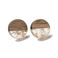 Resin & Walnut Wood Flat Round Stud Earrings with 304 Stainless Steel Pin for Women, Gold, 10mm, Pin: 0.6mm(EJEW-TAC0021-05B)