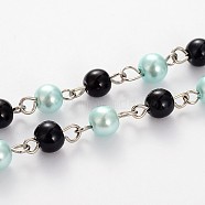 Glass Pearl Round Beads Chains for Necklaces Bracelets Making, with Platinum Iron Eye Pin, Unwelded, Pale Turquoise, 39.3 inch, Bead: 6mm(AJEW-JB00114-01)
