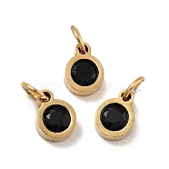 Vacuum Plating 304 Stainless Steel Pendants, with Cubic Zirconia and Jump Rings, Single Stone Charms, Flat Round, Golden, Black, 7.5x5.5x2.5mm, Hole: 3.6mm(STAS-D189-07G-A13)