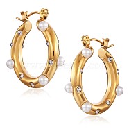 Shell Pearl Hoop Earrings with Cubic Zirconia, 430 Stainless Steel Half Hoop Earrings for Women, Golden, 25x4mm, Pin: 1mm(JE954A)