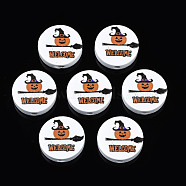 Halloween Printed Natural Wood Beads, Flat Round with Word Welcome, White, 19~20x5.9mm, Hole: 2~2.2mm(WOOD-T021-98)