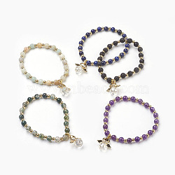 Natural Mixed Stone Beads Stretch Charm Bracelets, with Brass and Alloy Findings, Angel, 2-1/8 inch(5.4cm), Charm: 21x19x10mm(BJEW-JB03857)