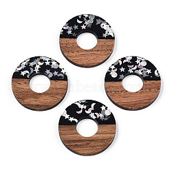Opaque Resin & Walnut Wood Pendants, Donut/Pi Disc Charms with Stars & Moon & Sun Paillettes, Waxed, Silver, Donut Width: 13mm, 28x3.5mm, Hole: 2mm(RESI-N039-63C)