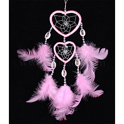 Feather Pendant Decoration with Natural Shell Beaded, Woven Net/Web with Feather, Art Hanging Decors for Garden Window Party, Pink, 350~400mm(PW-WG74381-04)