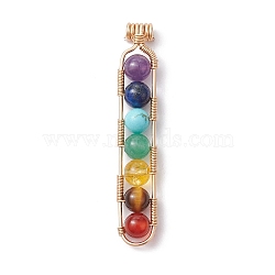 Chakra Gemstone Round Beaded Big Pendants, Light Gold Plated Alloy Oval Charms, Mixed Dyed and Undyed, 55x10x6mm, Hole: 3mm(PALLOY-TA00106)