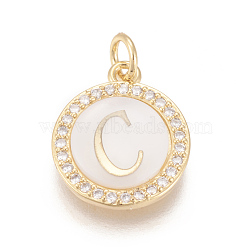 Brass Micro Pave Cubic Zirconia Pendants, with Shell, Long-Lasting Plated, Lead Free & Cadmium Free & Nickel Free, Real 18K Gold Plated, Flat Round with Letter, Clear, Letter.C, 16x13.5x3mm, Hole: 3mm(ZIRC-L078-043C-NR)