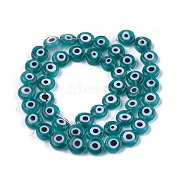 Handmade Evil Eye Lampwork Beads Strands, Flat Round, Cadet Blue, 7.5x3mm, Hole: 1mm, about 48pcs/strand, 13.7 inch~14.9 inch(LAMP-S191-02B-06)