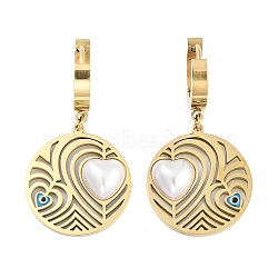 Flat Round with Heart 304 Stainless Steel Dangle Earrings, ABS Plastic Pearl and Enamel Evil Eye Hoop Earrings for Women, Real 18K Gold Plated, 38x19.5mm(EJEW-L283-073G)