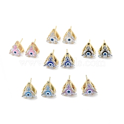 Triangle Glass with Enamel Evil Eye Stud Earrings, Real 18K Gold Plated Brass Jewelry for Women, Mixed Color, 10.5x10.5mm, Pin: 0.7mm(EJEW-P210-01G)