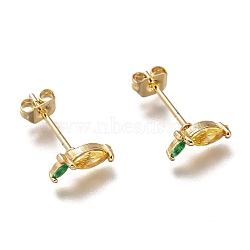 Brass Stud Earrings, with Cubic Zirconia and Ear Nuts, Horse Eye, Gold, Golden, 9x5mm, Pin: 0.7mm(ZIRC-I051-04G)
