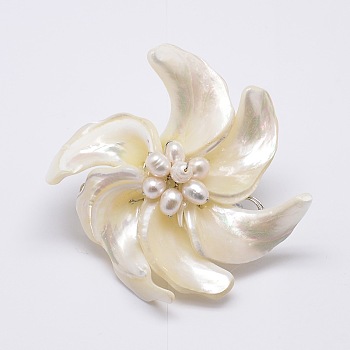 Dual-use Items, Natural White Shell Mother of Pearl Shell Flower Pendants/Brooches, with Platinum Plated Brass Findings and Shell Pearl, Creamy White, 51~56x54~62x22mm, Hole: 4~5x6~7mm
