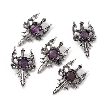 Natural Amethyst Pendants, Sword Charms, with Rack Plating Antique Silver Tone Alloy Findings, Cadmium Free & Lead Free, Faceted, 48x29x6.5mm, Hole: 6x3.5mm