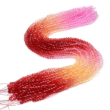 Transparent Glass Beads Strands, Segmented Multi-color Beads, Faceted(32 Facets), Round, Hot Pink, 4~4.5mm, Hole: 1mm, about 90~95pcs/strand, 13.98''(35.5cm)