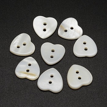 2-Hole Heart Shell Buttons, White, 12x12x2mm, Hole: 1.5mm