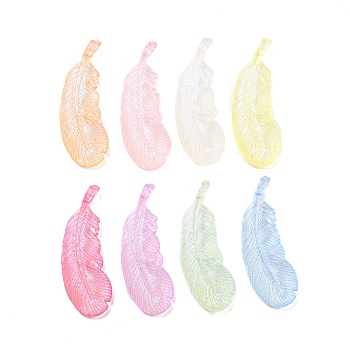 Transparent Acrylic Pendant, Glitter Beads, Glow in the Dark, Feather, Mixed Color, 45x15.5x7mm, Hole: 2.8mm, about 224pcs/500g