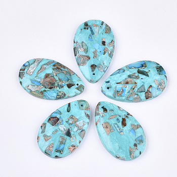 Assembled Synthetic Imperial Jasper and Turquoise Pendants, Dyed, teardrop, Cyan, 48x30~30.5x7mm, Hole: 1.4mm
