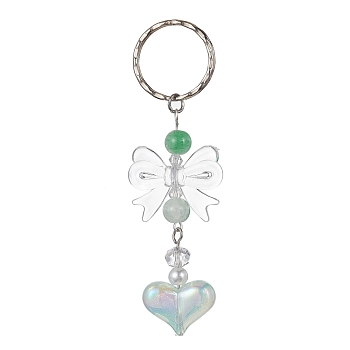 Acrylic Heart with Bowknot Keychains, with Glass Beads and Iron Keychain Clasp, Clear, 9.4cm