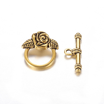 Tibetan  Style Alloy Toggle Clasps, Lead Free & Cadmium Free & Nickel Free, Antique Golden, Size: Flower: 18mm wide, 19mm long, Bar: 4mm wide, 24mm long, hole: 2mm