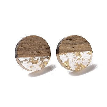 Resin & Walnut Wood Flat Round Stud Earrings with 304 Stainless Steel Pin for Women, Gold, 10mm, Pin: 0.6mm