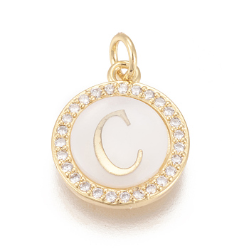 Brass Micro Pave Cubic Zirconia Pendants, with Shell, Long-Lasting Plated, Lead Free & Cadmium Free & Nickel Free, Real 18K Gold Plated, Flat Round with Letter, Clear, Letter.C, 16x13.5x3mm, Hole: 3mm