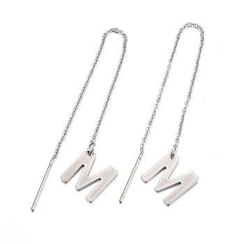 304 Stainless Steel Stud Earrings, Hypoallergenic Earrings, Ear Threads, Alphabet, Letter.M, 107~112x1mm, Pin: 15x0.7mm, letter: 11x10.5x0.5mm