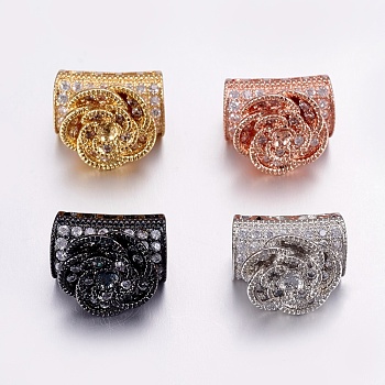 Brass Micro Pave Cubic Zirconia Beads, Large Hole Beads, Long-Lasting Plated, Tube and Flower, Clear, Mixed Color, 14x8x11mm, Hole: 5x6mm