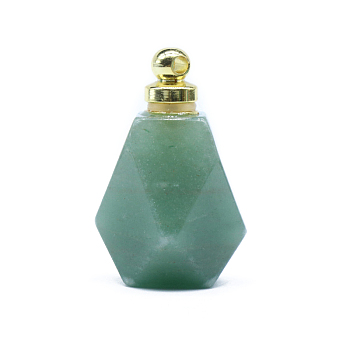 Natural Green Aventurine Perfume Bottle Pendants, with Golden Tone Alloy Findings, for Essential Oil, Perfume, Polygon Bottle, 35x23mm